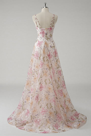 Robe De Soirée florale à bretelles spaghetti rose à bretelles avec paillettes